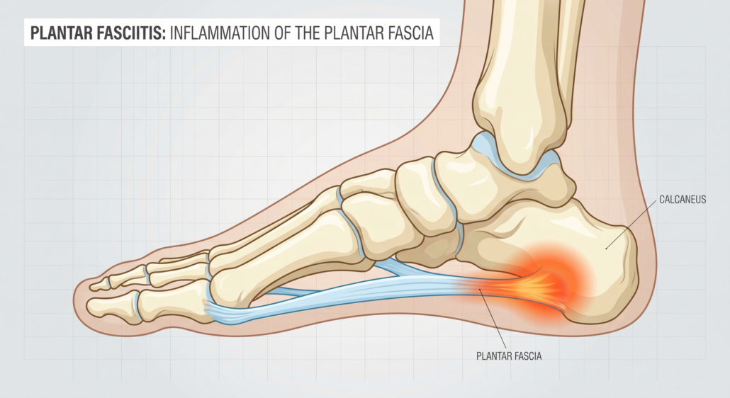 Plantar fasciitis anatomy diagram showing inflamed fascia — Frisco Foot & Ankle Specialists